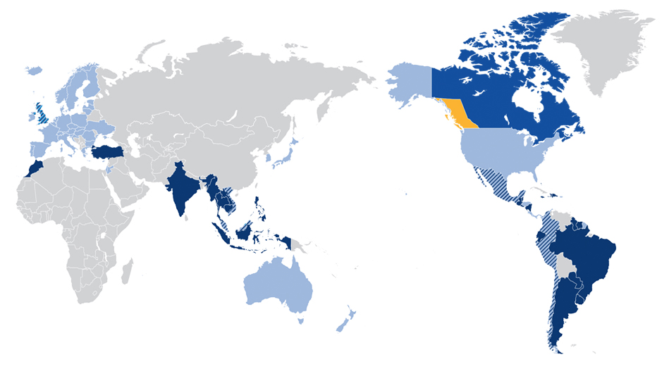 地图上描绘了 BC 省和加拿大自由贸易协定