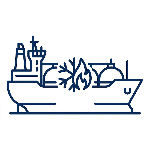 一艘船的轮廓上呈现出雪花和火焰图标，象征着加拿大不列颠哥伦比亚省的液化天然气出口基础设施和自然资源潜力。