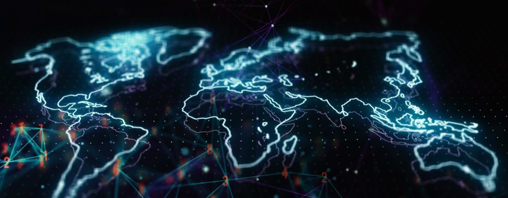 抽象大数据背景的全息世界地图插图。未来技术概念