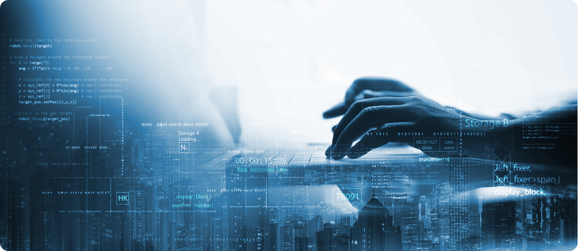 图片展示了笔记本电脑键盘上打字的手部特写，背景是数字元素和城市景观。